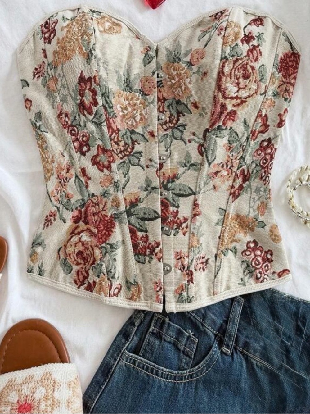 Floral Sweetheart Corset Top in Cream and Rose